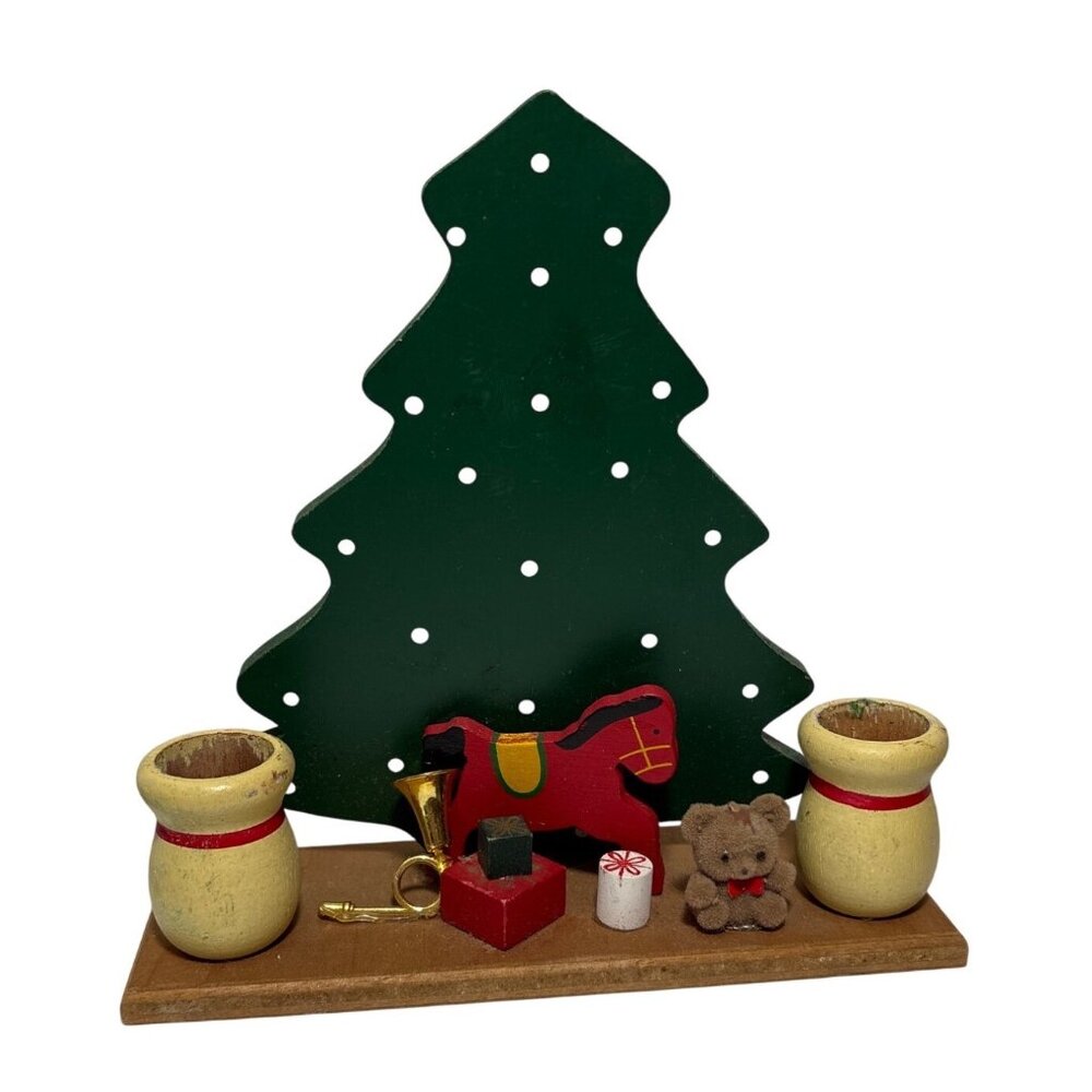 Wooden Christmas Tree Candle Holder With Festive Decor & Toy Ornaments Taper 7"